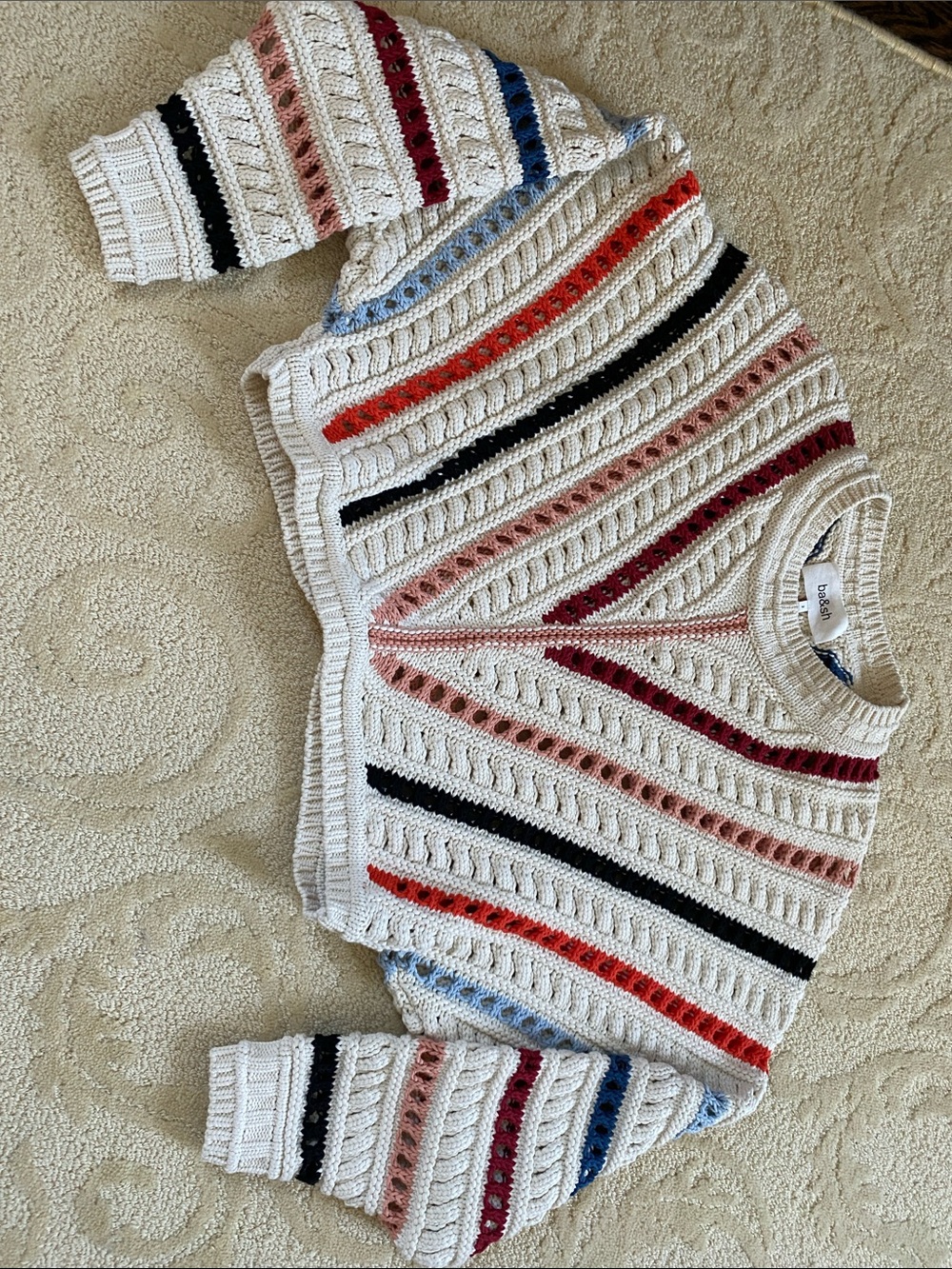 BA&SH Cream Open-Weave Sweater with Multicolor Stripes